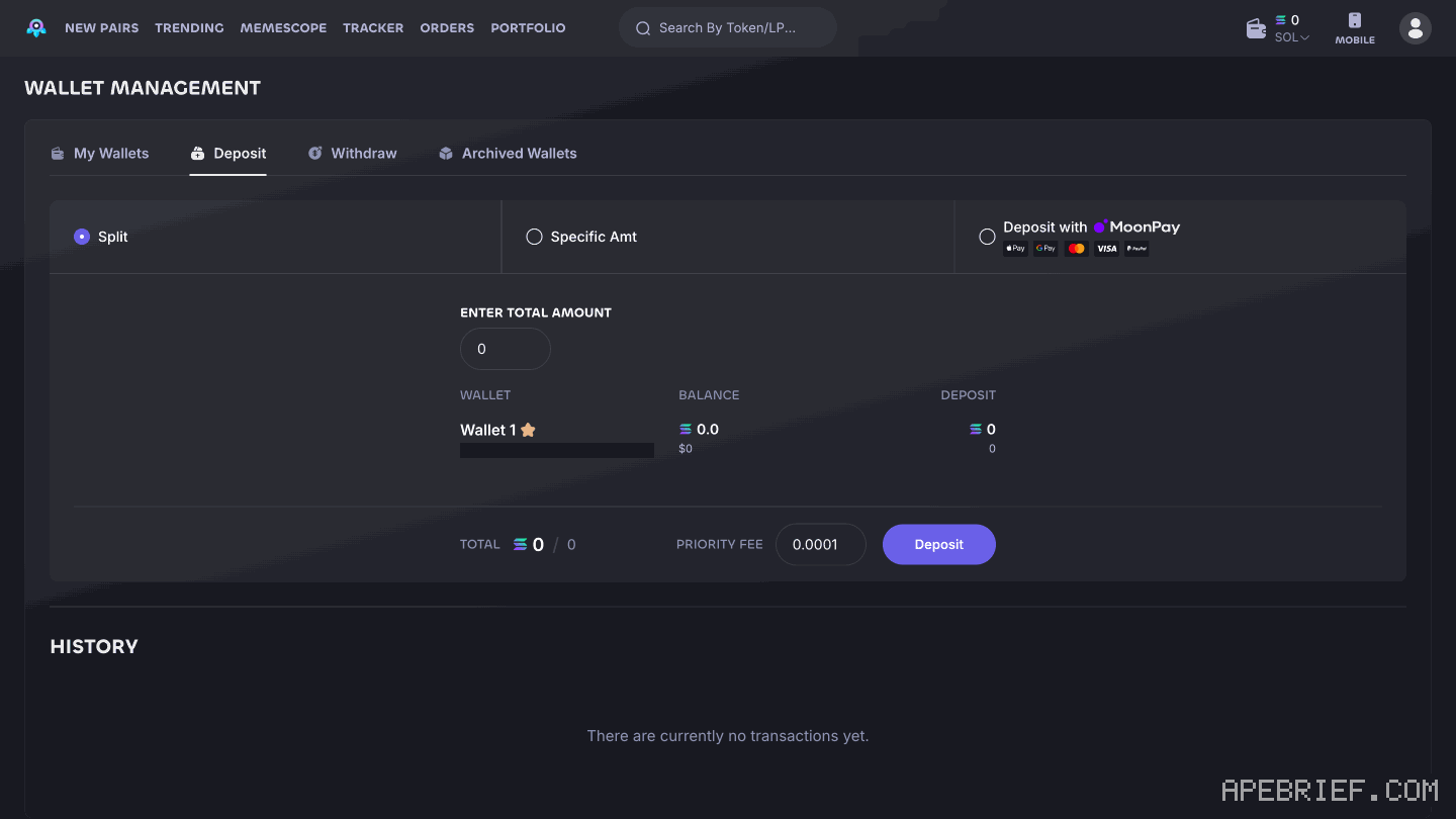 Photon's Deposit tab: Split, Specific Amt or Deposit with MoonPay, a total amount field, and a priority fee of 0.0001.