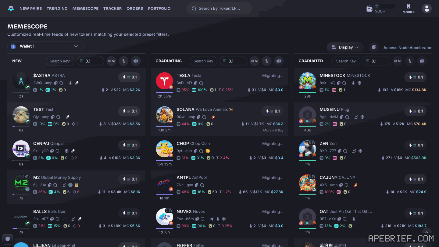 Photon's Memescope: three columns, NEW, GRADUATING and GRADUATED, each with keyword search, a 0.1 SOL quick-buy amount and preset S1. Our wallet balance is masked.
