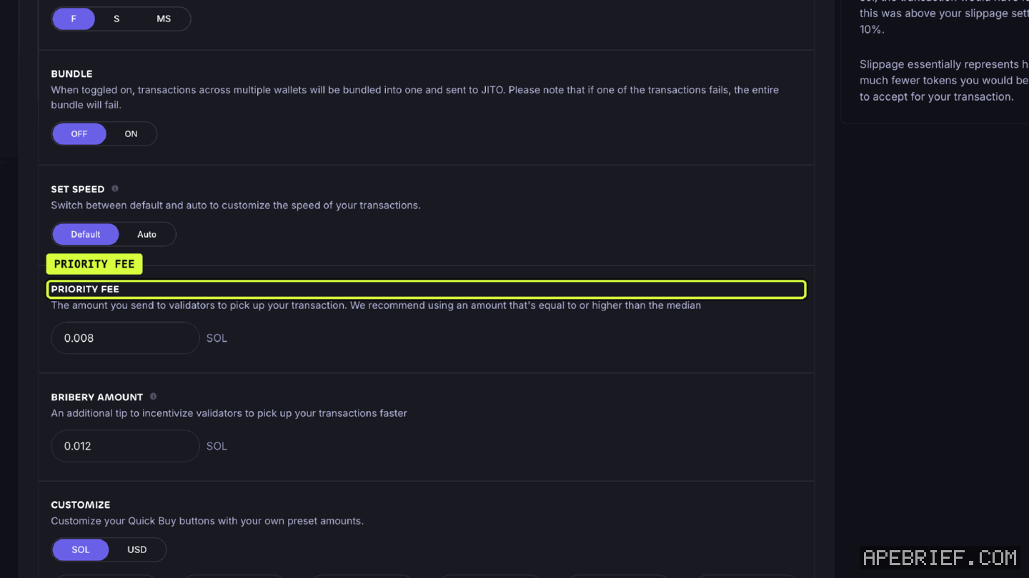 Photon's Settings, callout on PRIORITY FEE set to 0.008 SOL, above BRIBERY AMOUNT at 0.012 SOL.