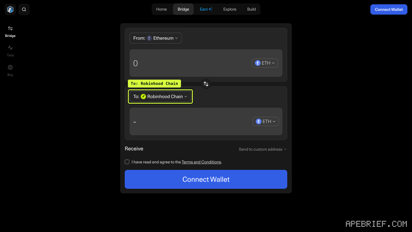 Arbitrum's bridge set From Ethereum, callout on To: Robinhood Chain, ETH on both sides and Connect Wallet below.