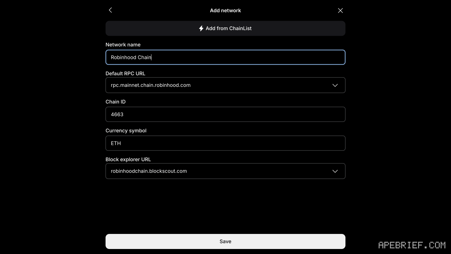 MetaMask's Add network form with the five fields filled for Robinhood Chain: network name Robinhood Chain, RPC rpc.mainnet.chain.robinhood.com, chain ID 4663, currency ETH, explorer robinhoodchain.blockscout.com. Not saved.